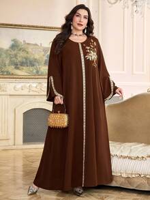 Al Najma Plus Size Women's Turkish Maxi Dress & Arabic Traditional Abaya Kaftan Jalabiya Dress - Coffee Brown - View 6