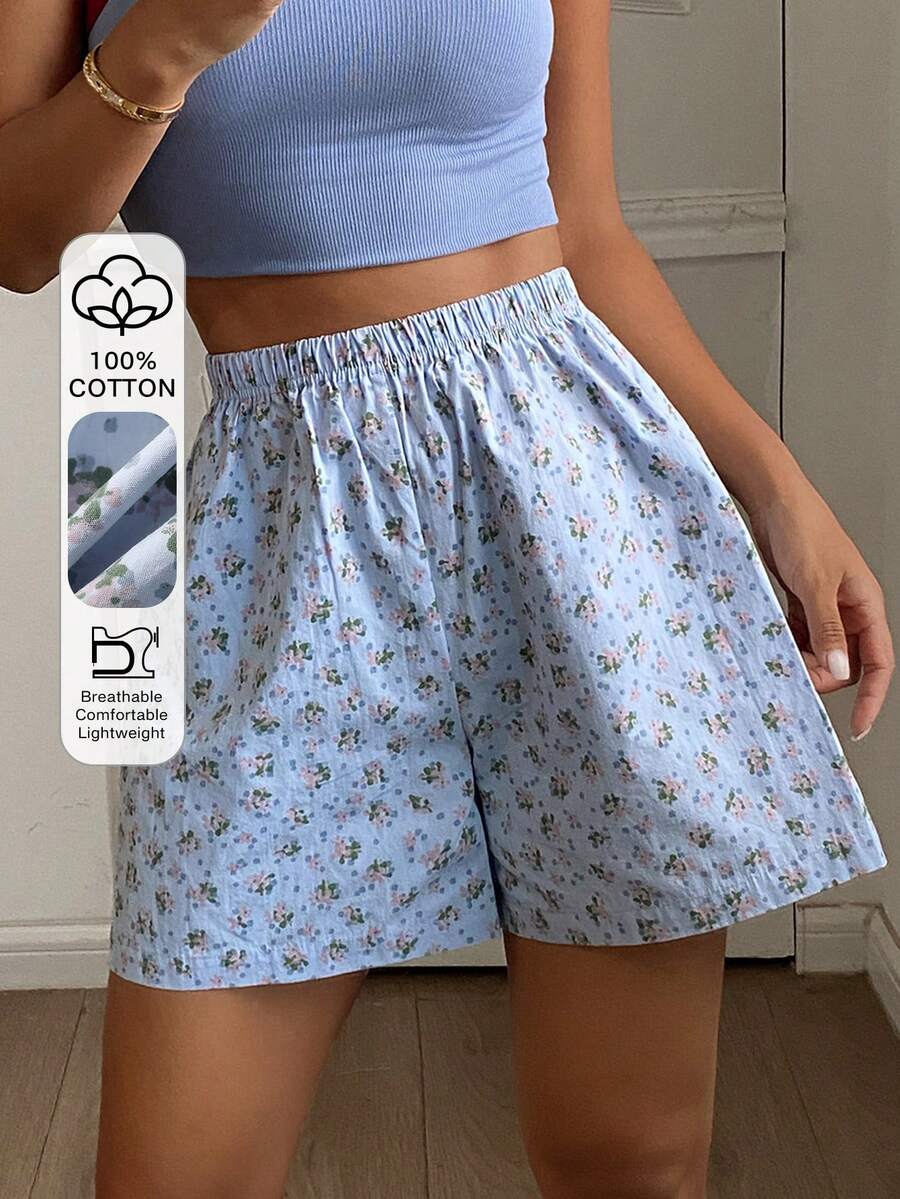 DAZY Women Elastic Waist All-Over Print Casual Lounge Shorts - Blue - View 1
