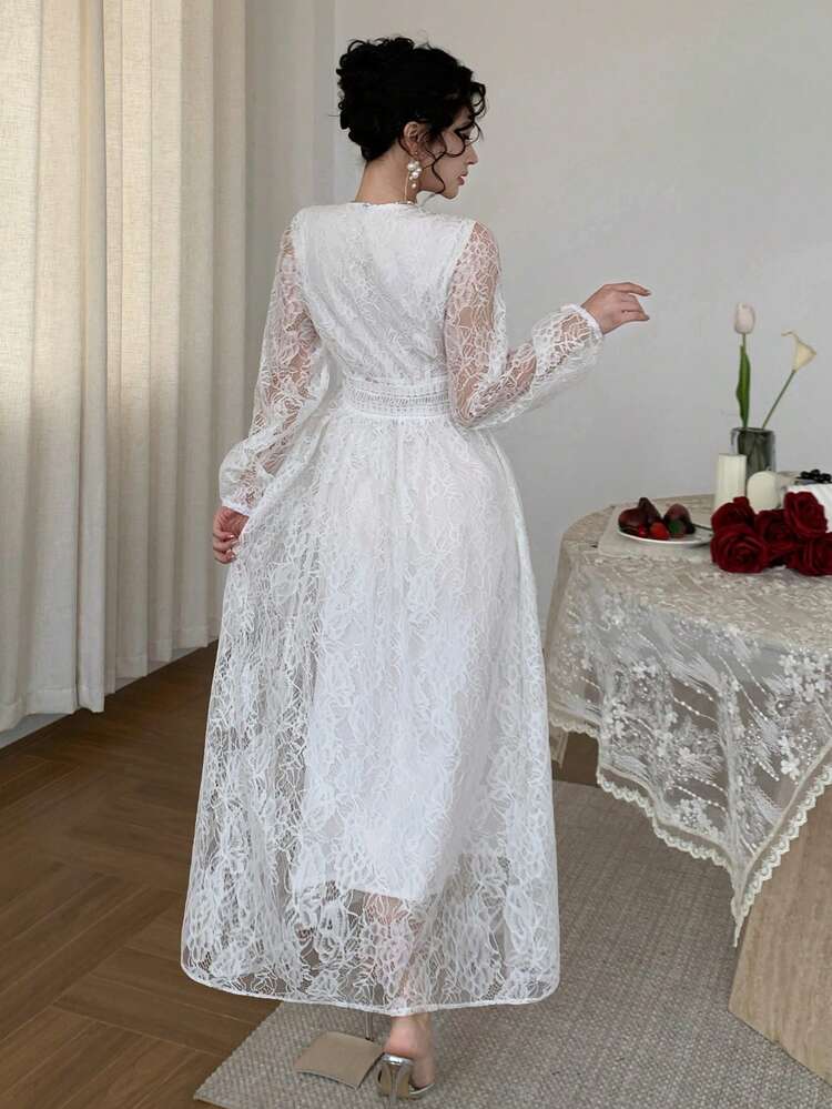 Elegant Lace Waist Cinched Long Dress, Casual For Spring & Summer Sun Dresses For Women