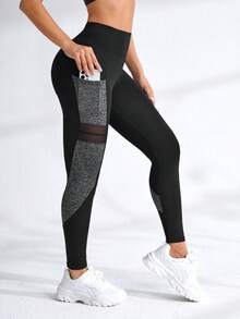 Easithlete Colorblock Contrast Mesh Phone Pocket Sports Leggings Yoga Women Pants - Black - View 1