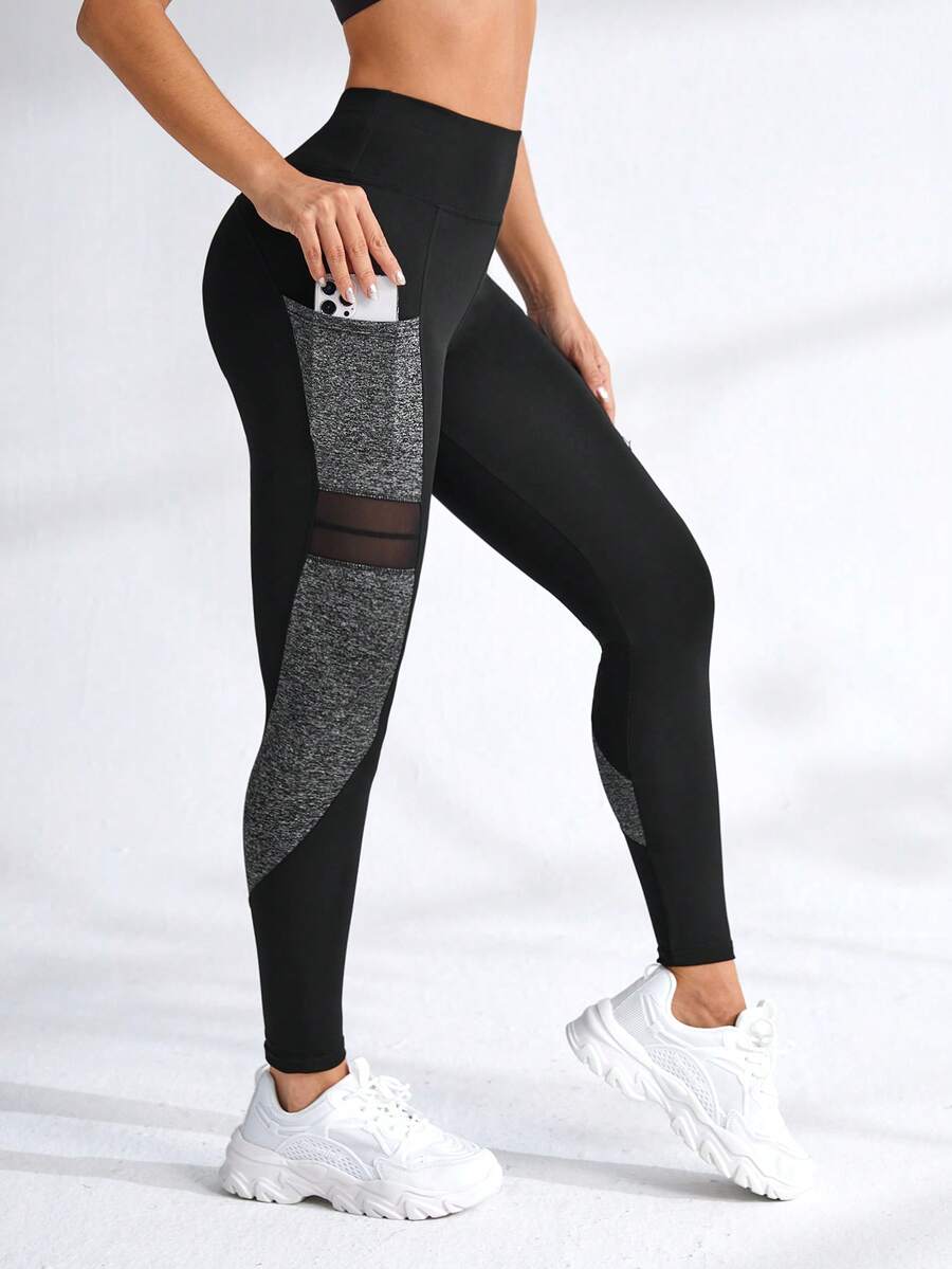 Easithlete Colorblock Contrast Mesh Phone Pocket Sports Leggings Yoga Women Pants - Black - View 1