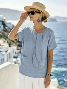 GlowEve 女士休闲度假牛仔质感圆领系带前袋短袖衬衫，春夏款 - 藍色 - 查看 5