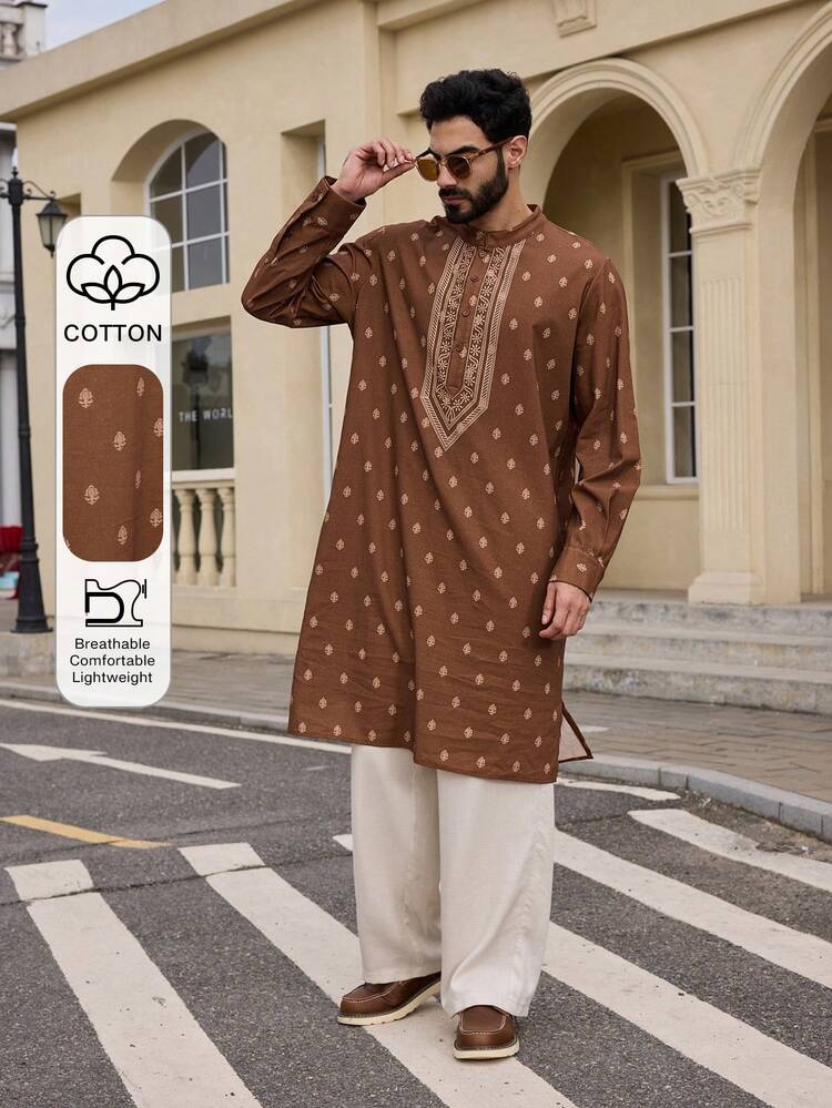 Spring Long Floral Print Middle Eastern Style Shirt For Men Summer