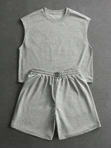 PAVTROS Men's Summer Casual Fashionable Street Embroidered Numeral Graphic Tank Top And Drawstring Waist Shorts Set - Grey - View 3