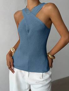 Flora Isola Flora Isola Sweater Rajut Wanita Desain Unik Minimalis dengan Kerah Silang Kasual untuk Kembali ke Sekolah, Musim Semi/Gugur - Biru - View 5