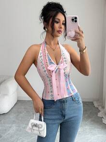 Selianne Women's Blush Pink Summer Boho Vacation Elegant Retro Shirred Fitted Bowknot Decor Print Camisole,Sleeveless Spaghetti Strap Tie Back Top - Pink - View 6