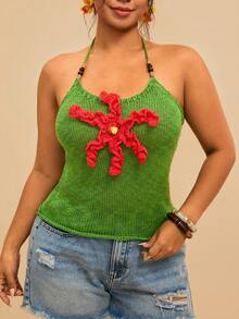 Travachic Green Summer Boho Vacation Holiday Plus Size Women's 3D Floral Crochet Halter Top,Hollow-Out Knit Camisole,Beach Island Fashionable Sweater - Green - View 7