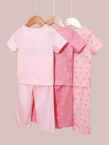 Playful Pals 3件套女婴休闲风波点条纹彩虹图案短袖圆领柔软薄款上衣T恤裤运动裤套装，适合度假夏季宝宝休闲穿着 - 粉色 - 查看 2