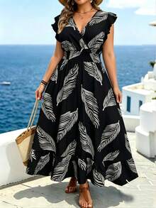 Linhara CURVE Rochie de plajă cu imprimeu floral, stil boem, pentru femei, mărime plus, primăvară/vară, cu mânecă lungă, fără spate, cu mânecă lungă - Negru - Vizualizare 1