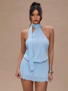 SHEIN BAE Abito estivo da donna sexy, mini, con stampa a pois, senza schienale e con collo a canottiera - celeste - Visualizzare 7
