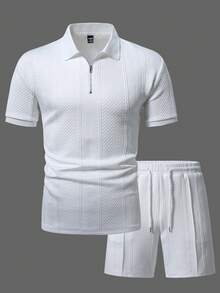 Manfinity CasualCool Bộ đồ thường ngày gồm áo polo nam có khóa kéo và quần short nam có dây rút và túi ở eo. - trắng - Xem 7