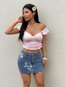 Rivivi 女士休闲百搭牛仔迷你裙，印花口袋设计，适合约会和外出穿着。 - 藍色 - 查看 5