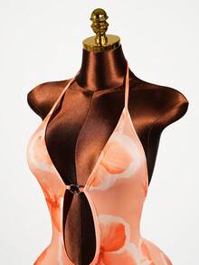 Lyxana Vestido mini casual de vacaciones con estampado floral, cuello halter, lazo y volante en el bajo - Naranja - Ver 4