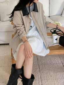 DAZY 女款休閒對比色夾克，韓式風格日常米色秋季校園風 - 灰色 - 查看 5