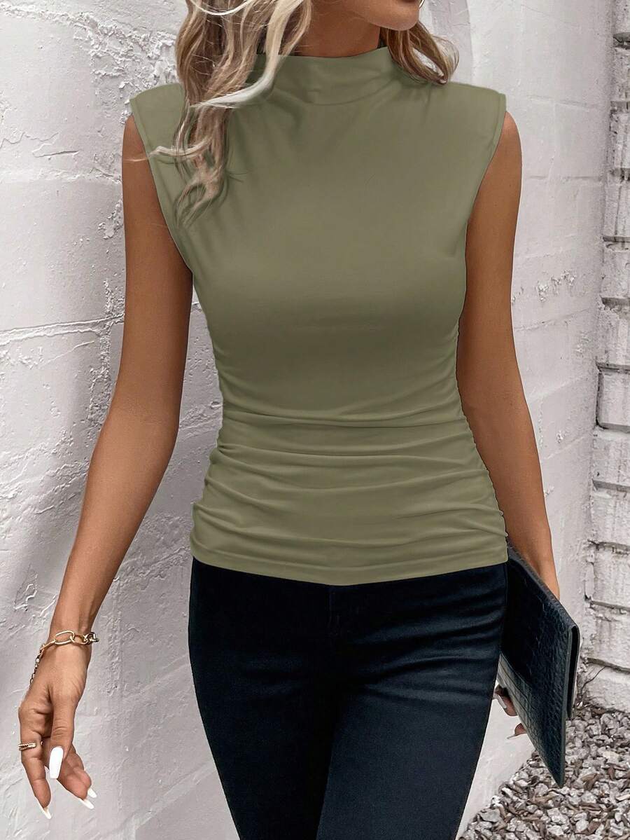 SHEIN Clasi Atasan Wanita Kasual Musim Panas untuk Beraktivitas di Luar Ruangan, Minimalis, Warna Polos, Berlipit, Pas Badan, Atasan Musim Panas - Hijau Tentara - View 1