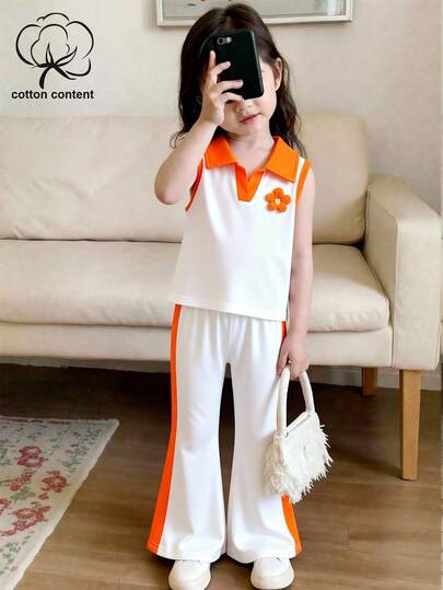 Genkimix Kids 2pcs/Set Girls Floral Knitted Polo Shirt Vest And Knitted Flare Pants, Color Blocking, Comfortable Sports Casual Collared Outfit For Summer Squishy Summer Outfits Sports Wear For Girls Girls Tennis Outfit Kids Sportswear Set White And Orange Outfit Girls Athletic Wear