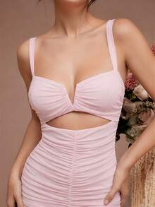 L'Amorae Vestido con detalles de corte y volantes con bajo de cola de sirena con estampado floral - Rosa Pálido - Ver 2