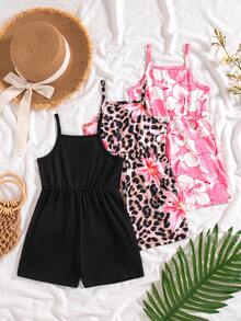 SHEIN Elladie kids 3件套女童夏季新款2025碎花印花及纯色连体短裤套装，简约时尚度假风 - 彩色 - 查看 2