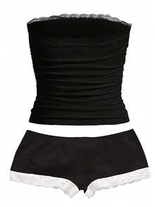 Zyxie Ladies Contrast Lace Camisole And Shorts 2 Pieces Outfit - Black - View 2