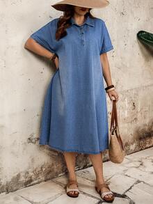 EMERY ROSE Mature Denim Women's Plus Size Dusky Blue Denim Shirt Dress,Summer Casual Vacation Collared Batwing Sleeve Half-Button Back Slit A-Line Loose Dress With Pockets - Blue - View 6