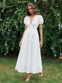 Rafferiza Vestido de verano/primavera elegante francés para vacaciones, salidas y citas. Vestido de línea A con mangas de pétalos, cintura ceñida y bordado blanco jacquard - Blanco - Ver 3