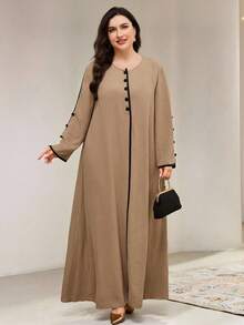 Veilorie Vestido árabe con ribete de contraste extra largo para mujer de talla grande, modesto - Caqui - Ver 6