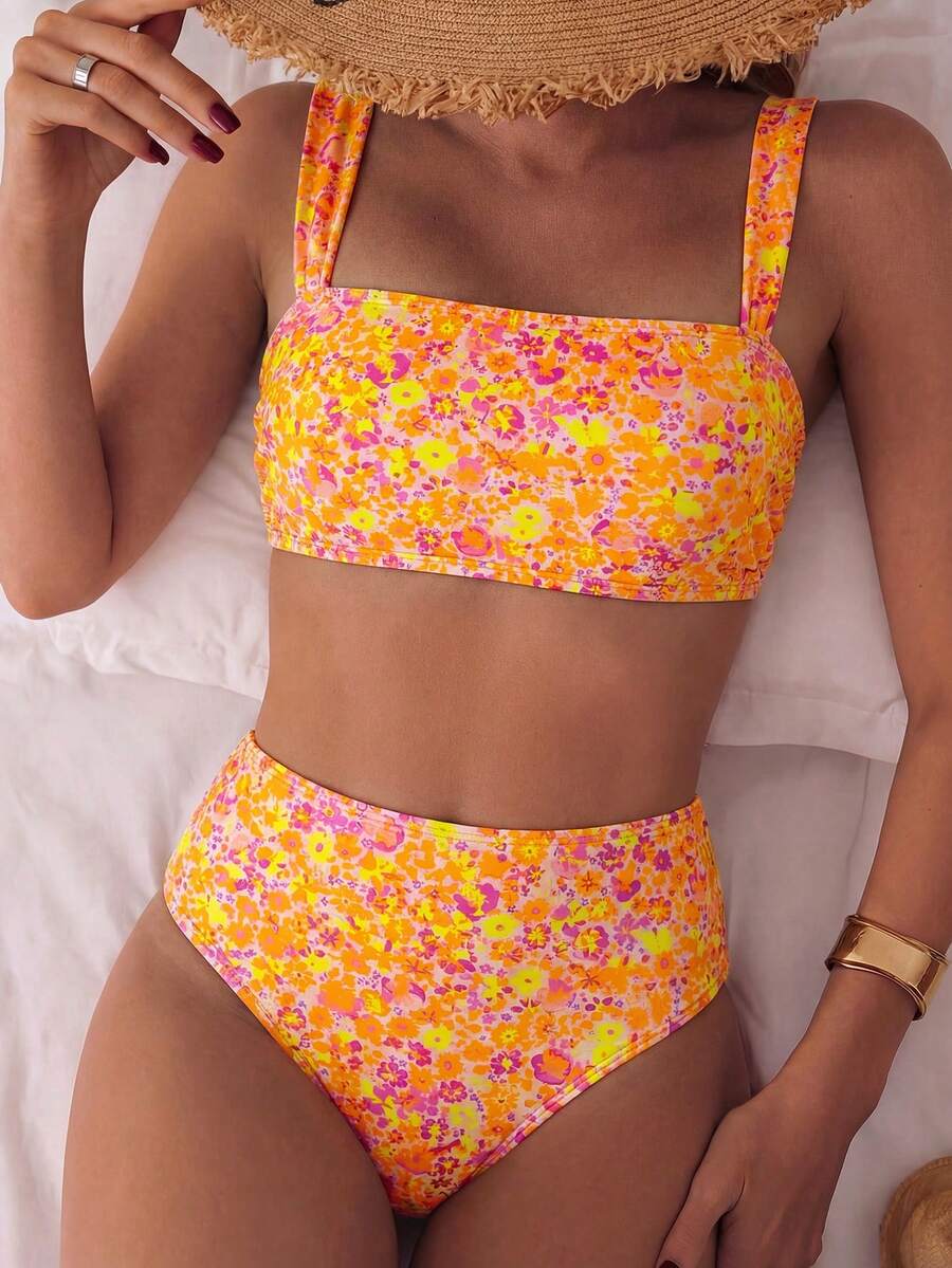 SHEIN Swim Mod Bộ bikini 2 mảnh mùa hè dành cho nữ, áo hai dây in họa tiết màu ngẫu nhiên và quần đùi cạp cao, thích hợp cho kỳ nghỉ biển. - Nhiều màu - Xem 1