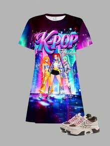 SHEIN 年轻女孩色彩鲜艳、酷炫的K-Pop超级明星卡通女团印花短袖中长连衣裙，适合夏季返校穿着 - 彩色 - 查看 2