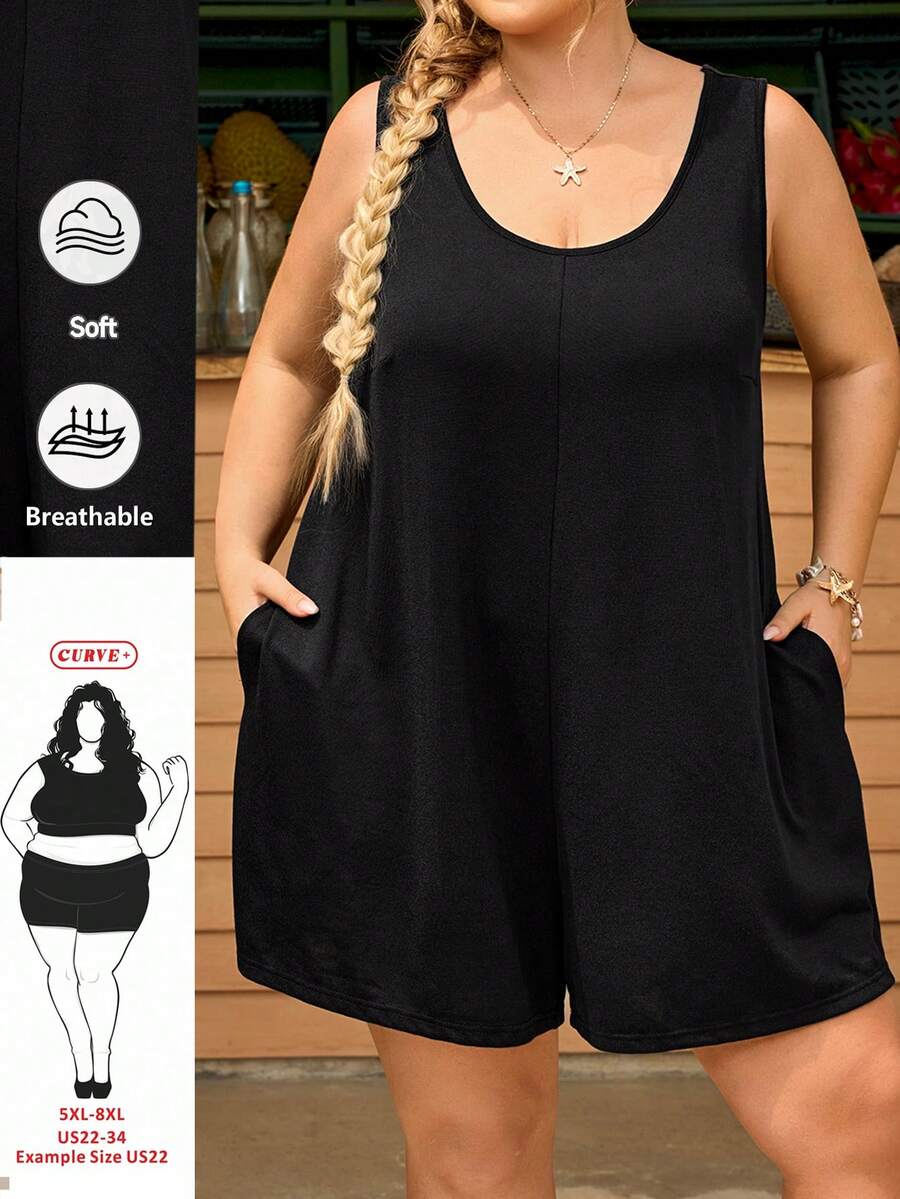 SHEIN CURVE+ Bộ áo liền quần dáng rộng, màu trơn, cổ tròn, có túi, dành cho nữ cỡ lớn, thích hợp cho mùa hè. - màu đen - Xem 1