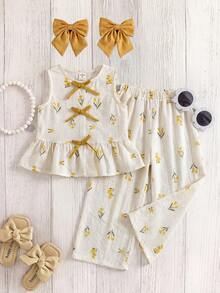 SHEIN 女童（小号）花卉刺绣无袖上衣和裤子套装 - 黃色 - 查看 3