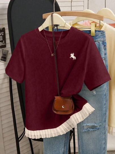 Teen Girls Casual Centaur Print Tee With Elegant Lace Hem, Burgundy Short Sleeve T-Shirt, Suitable For Summer, Personalized Graphic Tee For Young Girls, Comfortable And Relaxed, Ideal For Family Outings, Elegant Wear, Back To School Essential, Comfortable And Easy To Wear, Relaxed Sporty, Basic Style, Daily Fashion For Teenagers