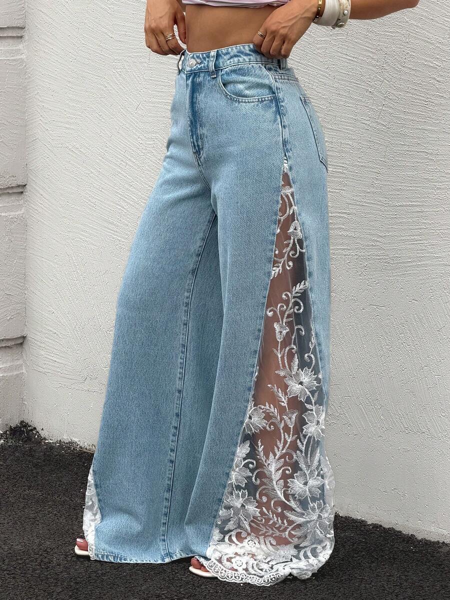 Rivivi 蕾丝拼接透视休闲宽松牛仔阔腿裤 - 藍色 - 查看 1