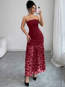 SHEIN Franclia Elegant Luxury Floral Contrast Mesh Ruffle Cinched Waist Strapless Solid Color Sexy Evening Gown For Women - Burgundy - View 8