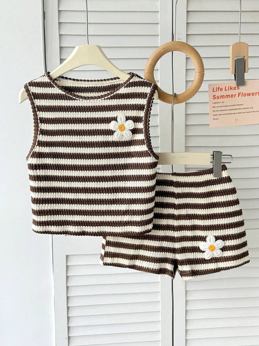 SHEIN Tween-Mädchen Lässig Basic strukturierter Strick Ärmelloses Top und Shorts Set, Weiches Strickkleid, Spitzenkleid, Punkte Kleid, Schleife Kleid, Sommerkleid, Sommer Outfit, Strandkleid, Abschlusskleid - Braun - Übersicht 1
