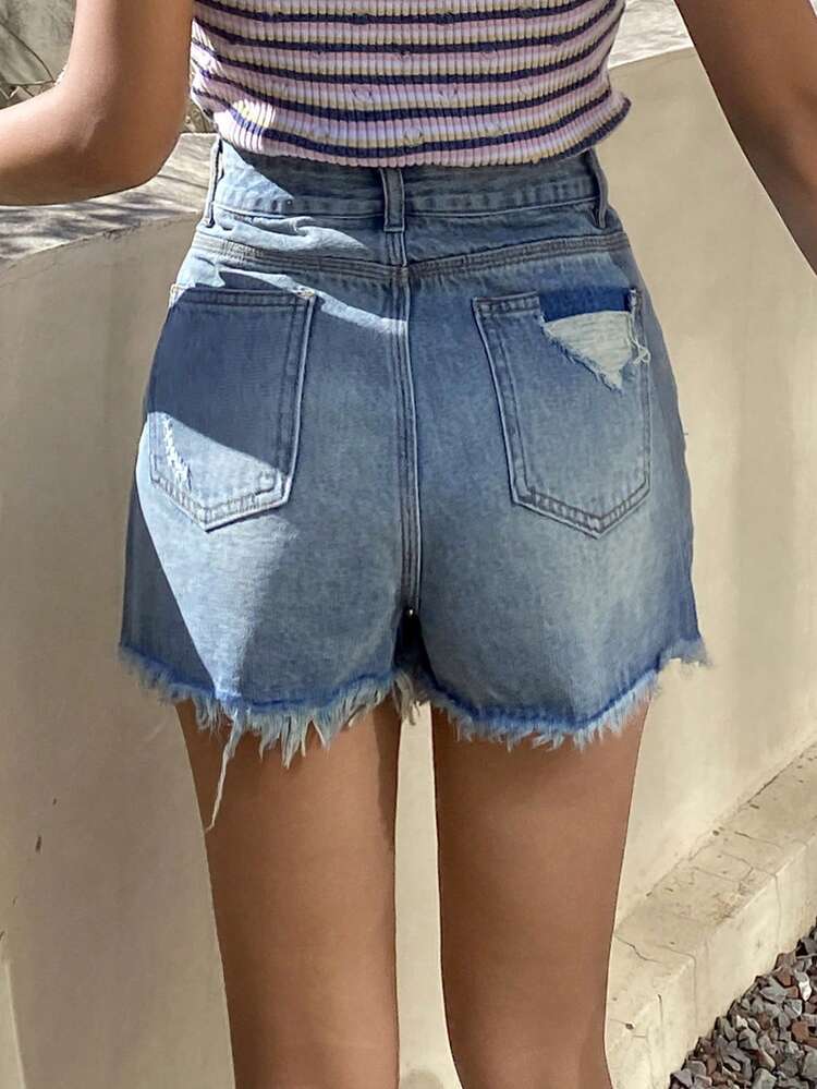 Women's Casual Washed Ombre Color Frayed Hem Shorts, Summer