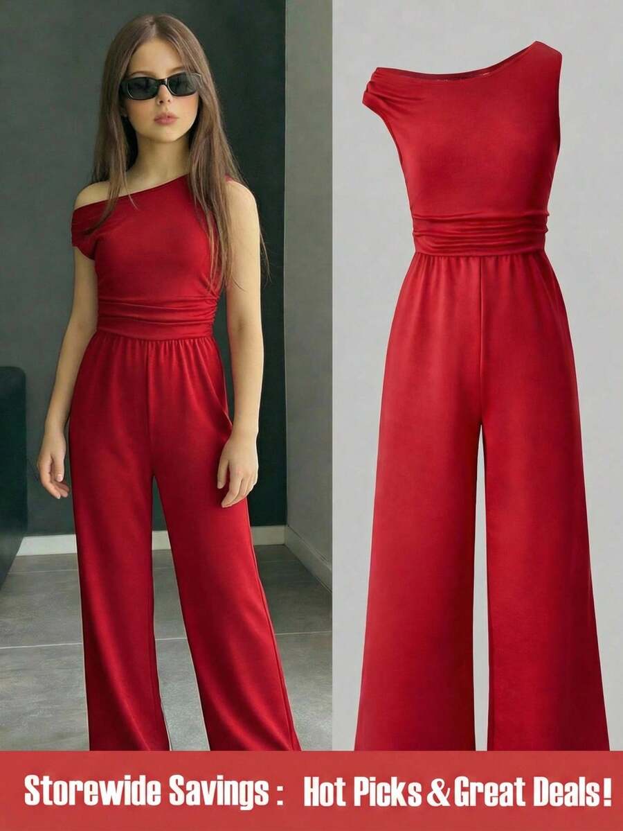 SHEIN Bộ áo liền quần màu đỏ lệch vai dành cho bé gái tuổi teen theo phong cách Âu Mỹ, thiết kế cổ áo lệch vai thanh lịch, quần ống rộng cạp cao, phù hợp cho đám cưới mùa hè, tiệc sinh nhật, lễ tốt nghiệp, các dịp trang trọng, áo liền quần ôm sát dành cho bé gái từ 8-16 tuổi. - Đỏ - Xem 1