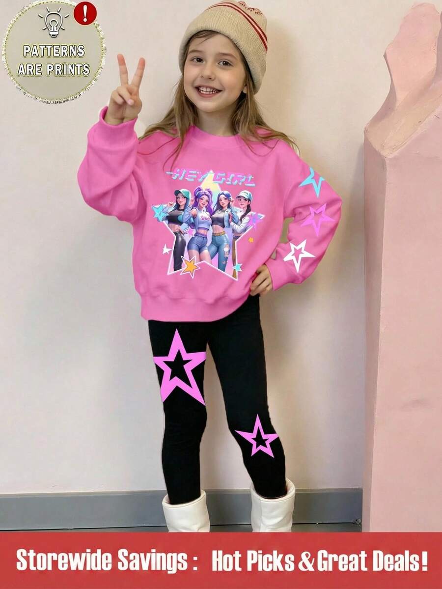 SHEIN 2pcs/Set Young Girl Light Pink K-POP Girl Group Letter Star Print Long Sleeve Sweatshirt And Leggings Back-To-School School Autumn Outfit - Multicolor - View 1