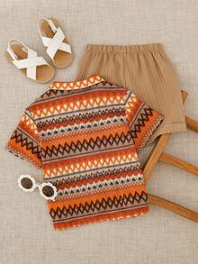 Cozy Pixies 2 piezas Conjunto de camisa de punto de manga corta con cuello redondo suave y pantalones cortos con puños de color contrastante, estilo universitario casual para niños pequeños, adecuado para primavera/verano, uso diario, escuela, viajes, vacaciones, fiestas - Multicolor - Ver 2