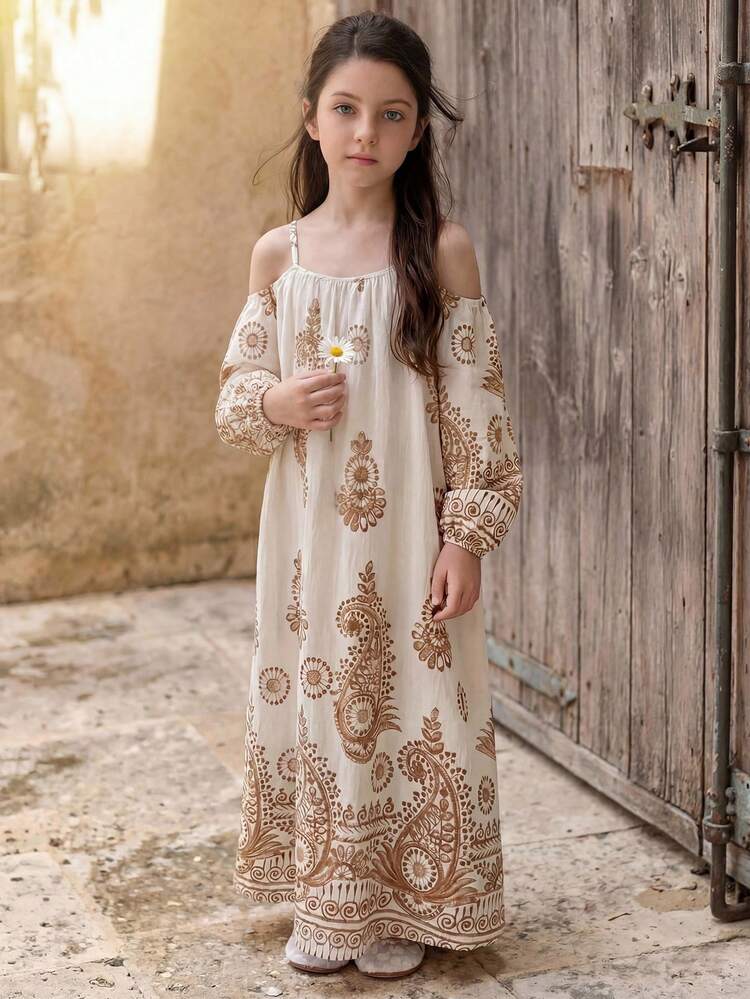 Tween Girl Casual Bohemian Vacation Style Paisley Print Cold Shoulder Lantern Sleeve Loose Dress, Spring/Summer/Autumn