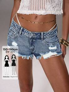 Jeanoix Petite Quần short denim rách cạp thấp dành cho nữ phong cách Y2K - Rửa trung bình - Xem 1
