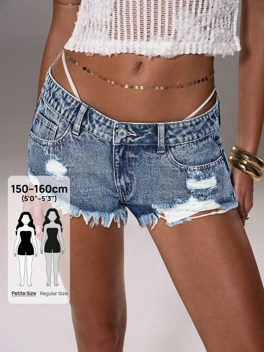 Jeanoix Petite Quần short denim rách cạp thấp dành cho nữ phong cách Y2K - Rửa trung bình - Xem 1
