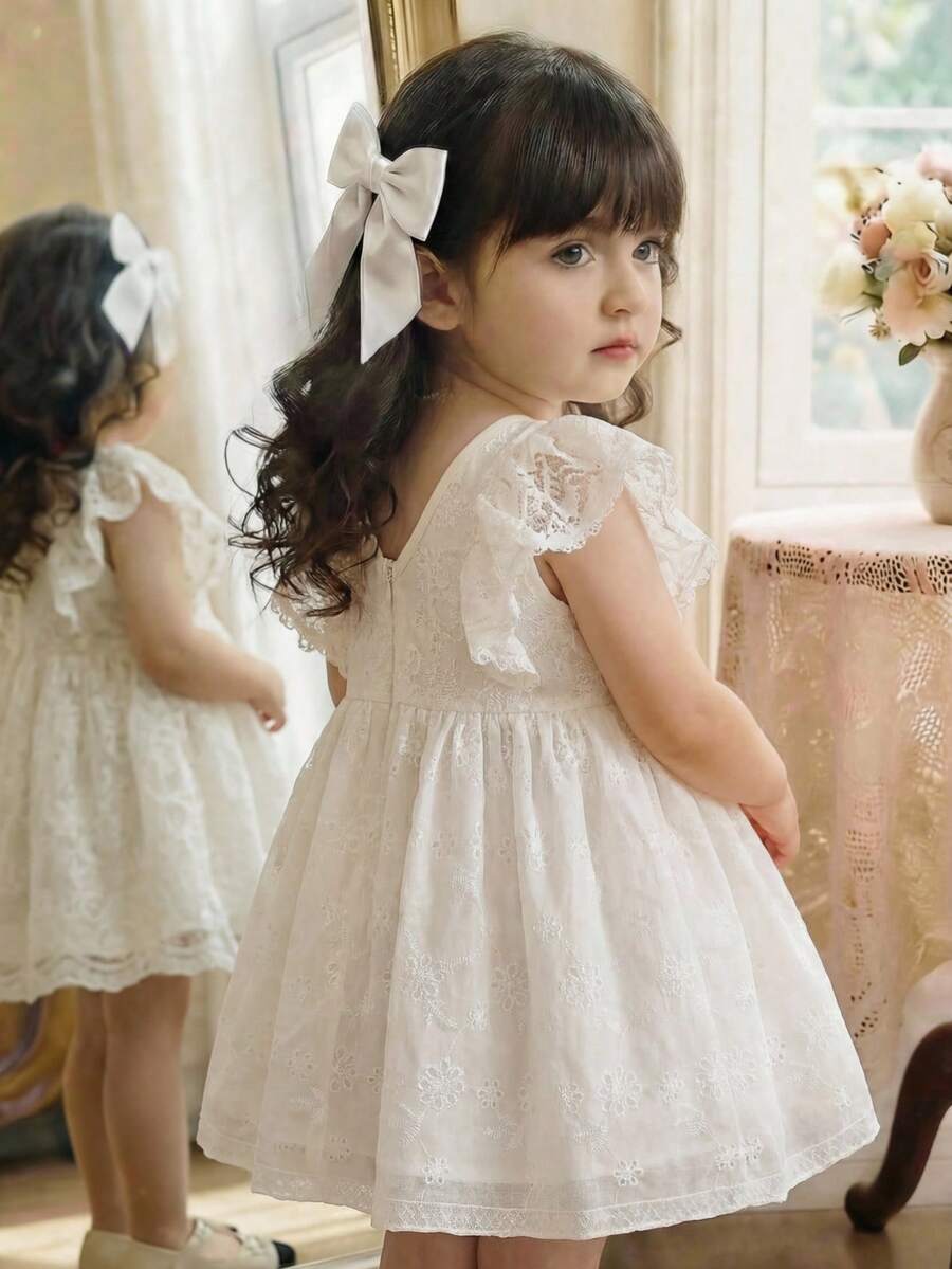 Vestido de fiesta y casual con bordado floral y fruncido para niña - Blanco - Ver 1