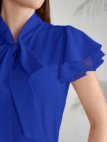 Modelyn Blus Wanita Warna Polos dengan Kerah Ikat dan Lengan Berumbai, Elegan dan Modis, Warna Biru - Biru - View 7
