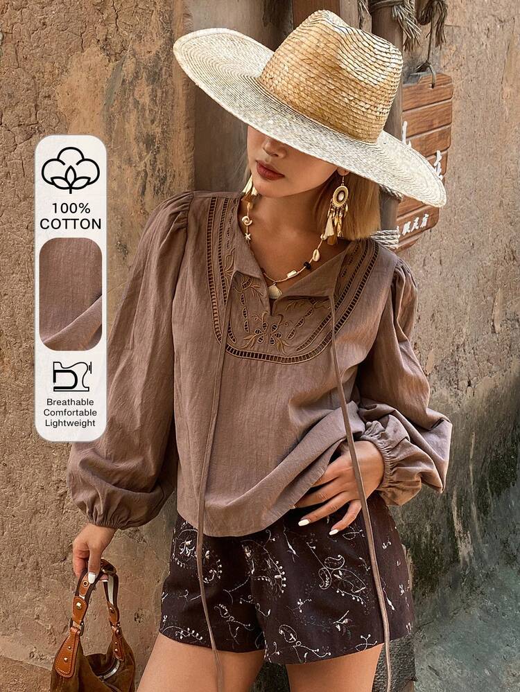 Embroidered Hollow Lace-Up Loose Long Sleeve Pullover Elegant Summer Blouse For Women