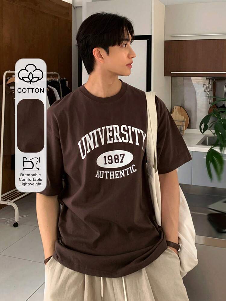 Men's Brown Round Neck Letter Print T-Shirt, Summer