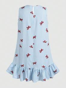 SHEIN Đầm hè dáng suông cổ tròn màu xanh trắng kẻ sọc in nơ dành cho nữ tuổi teen, có bèo nhún ở gấu. - Xanh và trắng - Xem 2