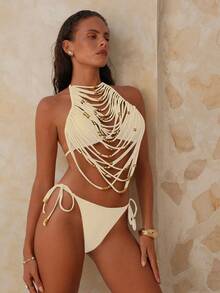 Swim Chiccia Women's Summer Beach Beaded Tassel Decor Halter Bikini Top And Triangle Bottoms Swimsuit Set - Beige - View 4