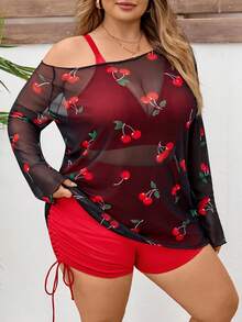 SHEIN CURVE+ 大号樱桃图案泳装三件套，包括吊带背心、短裤和罩衫，沙滩度假套装，大码泳装夏季比基尼泳衣 - 彩色 - 查看 7