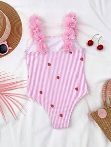 SHEIN 女童夏季柔软质感短袖休闲时尚百搭夏季度假露营亲子/家庭写真泳装 - 粉色 - 查看 2