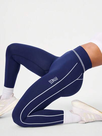 Seamluxe SHEIN Sport 1件装藏蓝色高腰提臀健身紧身裤，条纹撞色设计，字母印花，柔软舒适，适合健身、跑步、休闲、瑜伽等场合。